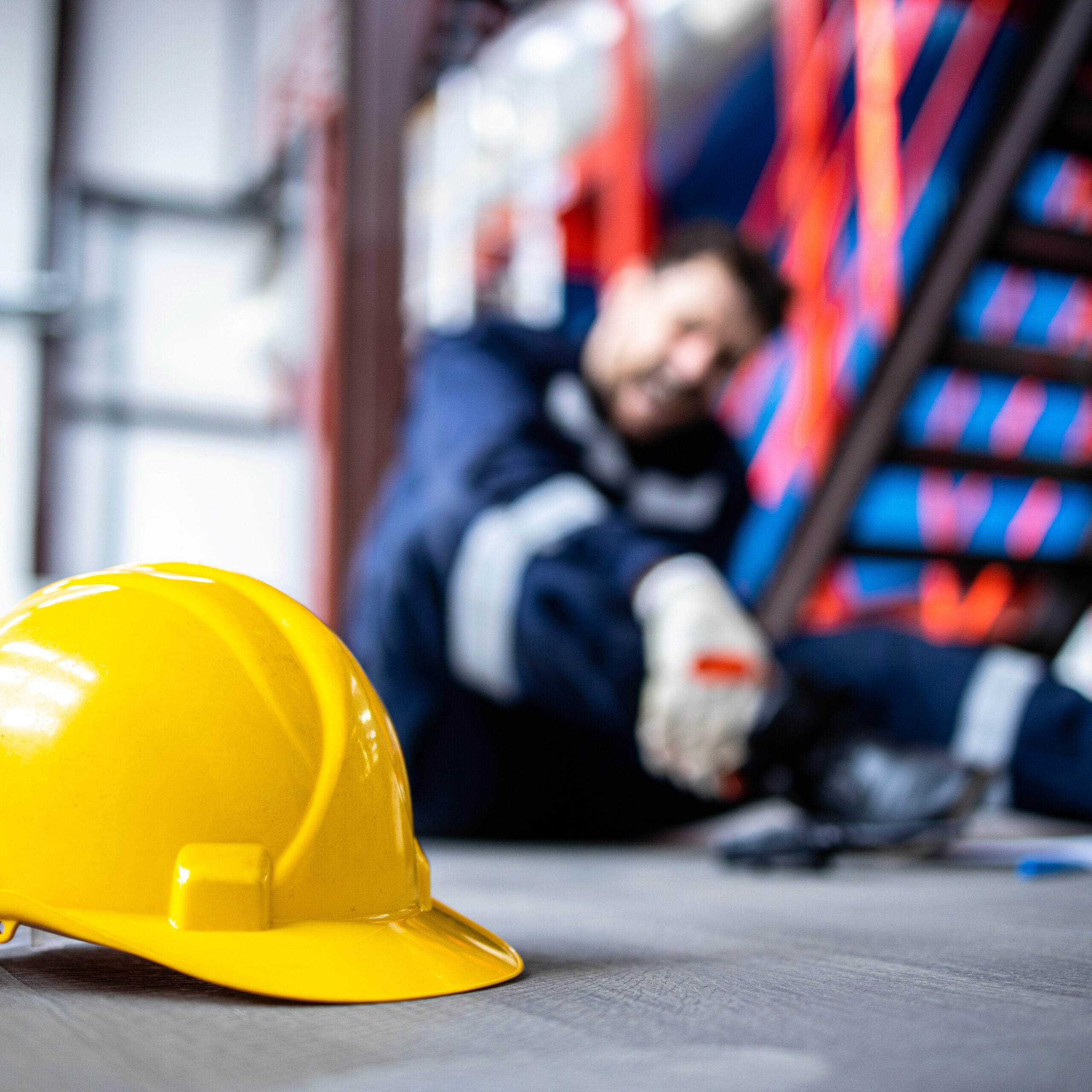 Safety at work. Close up view on hardhat and injured factory worker in background.