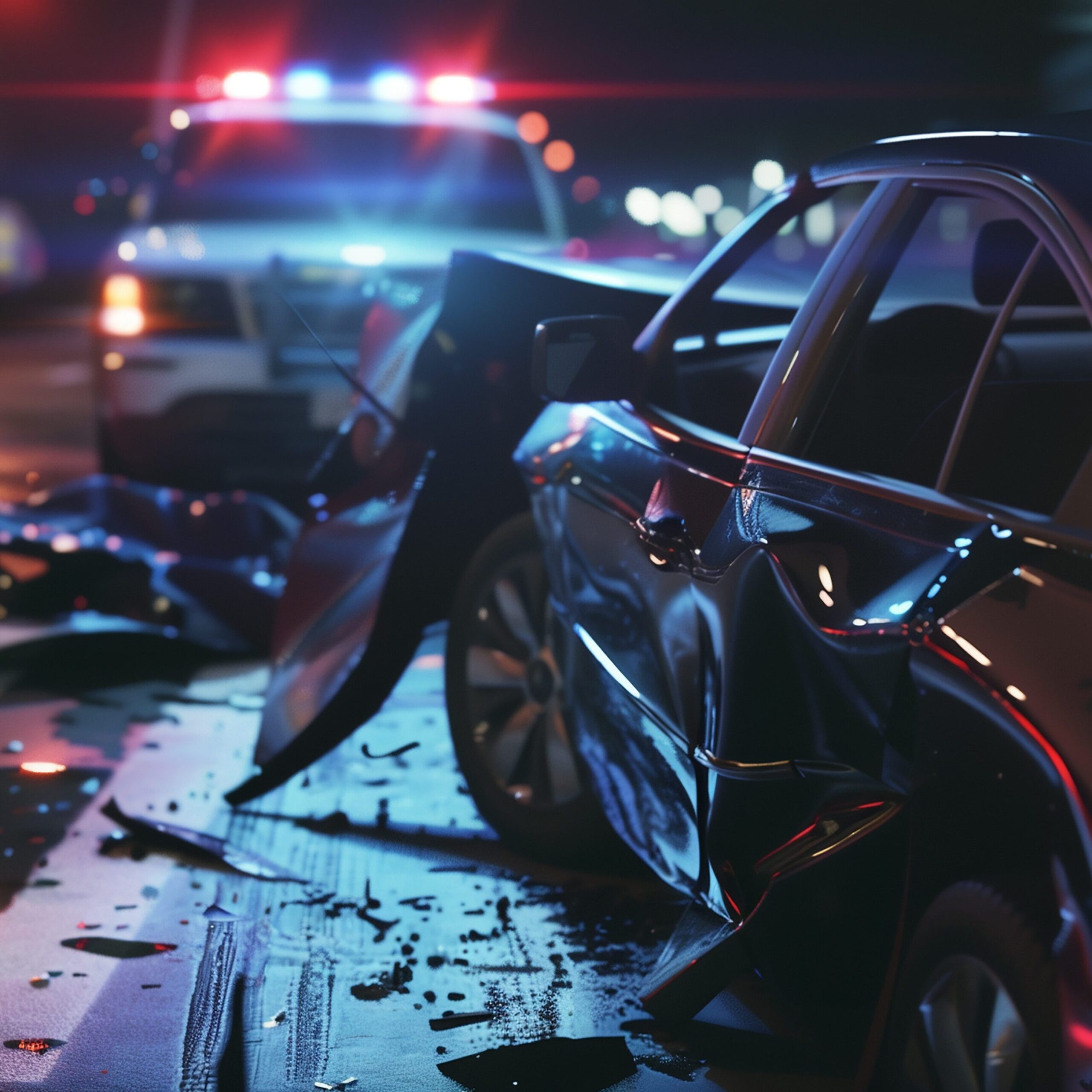 Car crash night scene with police car in the background