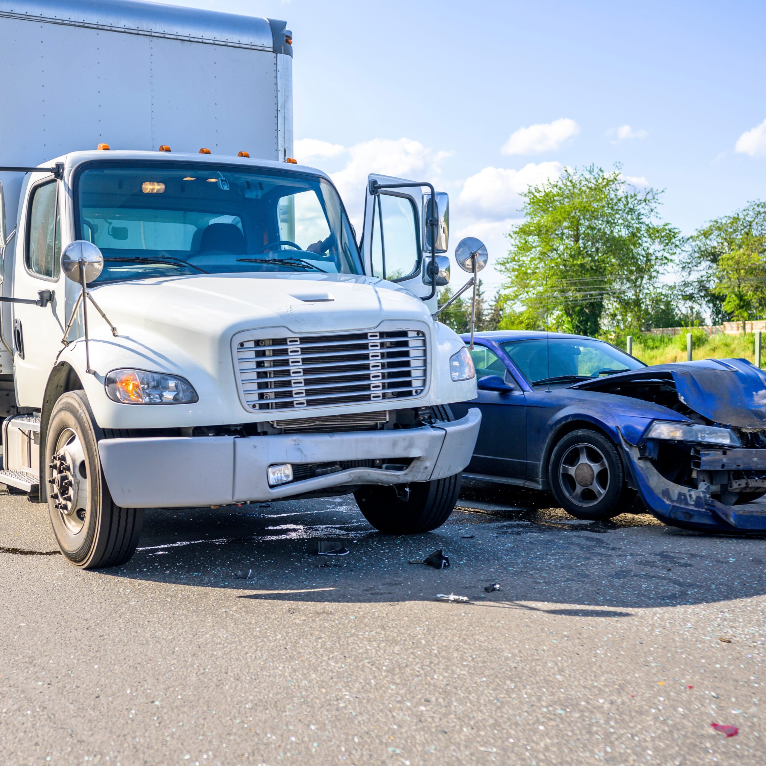 Collision of a semi truck with box trailer a passenger car on the highway road, as a result of which both cars were damaged