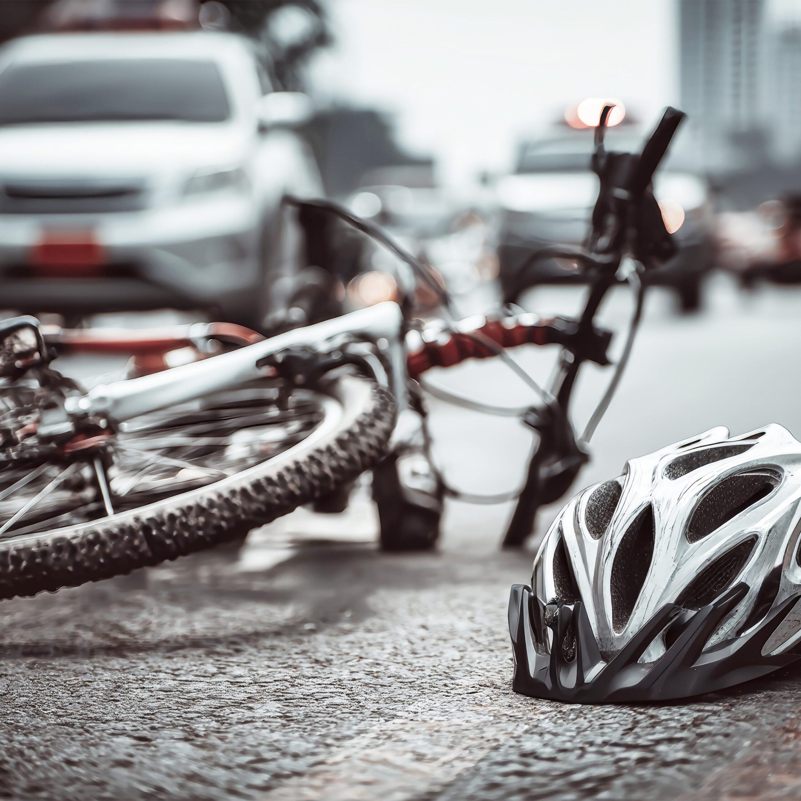 broken bicycle and helmet lie on the road after a collision